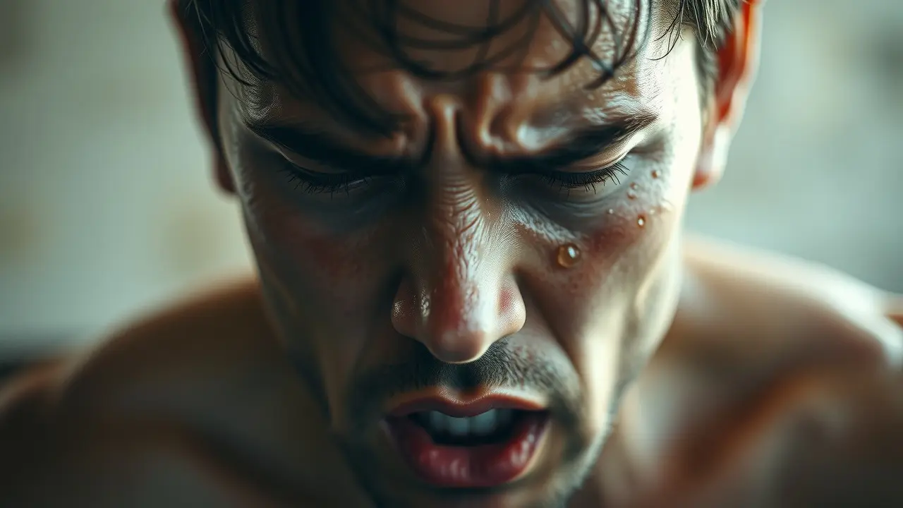 Pessoa suando intensamente com expressão de esforço e ansiedade