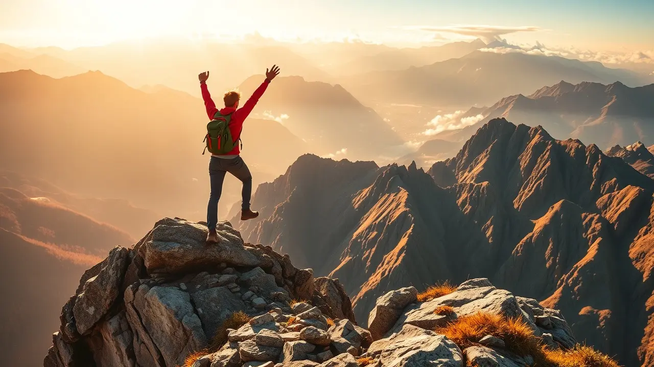 Sonhar com Superação: Descubra o Significado e os Próximos Passos Pessoa superando montanha, luz dourada.