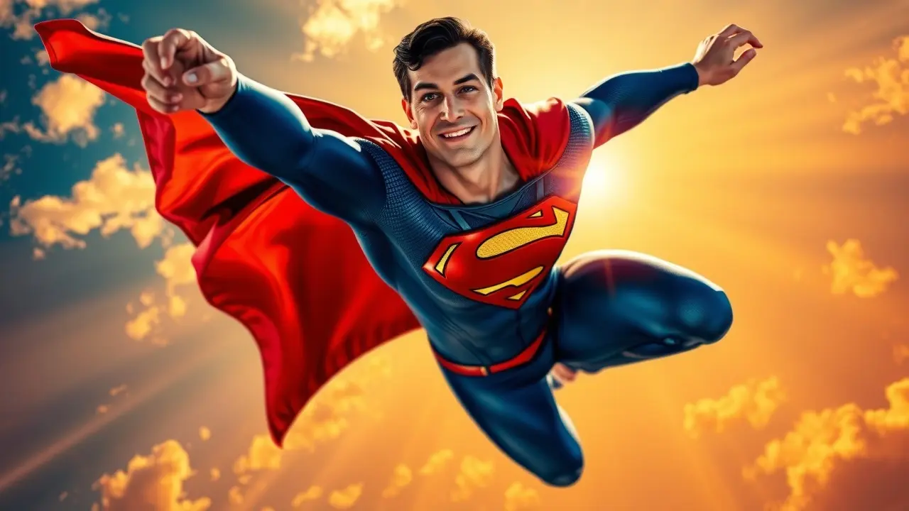Superman voando no céu ensolarado