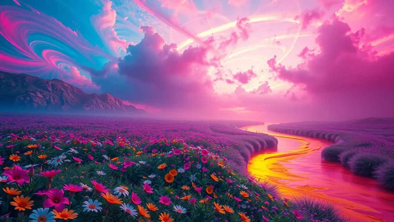 Sonho com paisagem de cores vibrantes e intensas