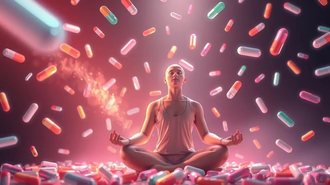 Sonhar com Suplementação: O Que Significa? Mulher meditando cercada por suplementos, sonho e bem-estar.