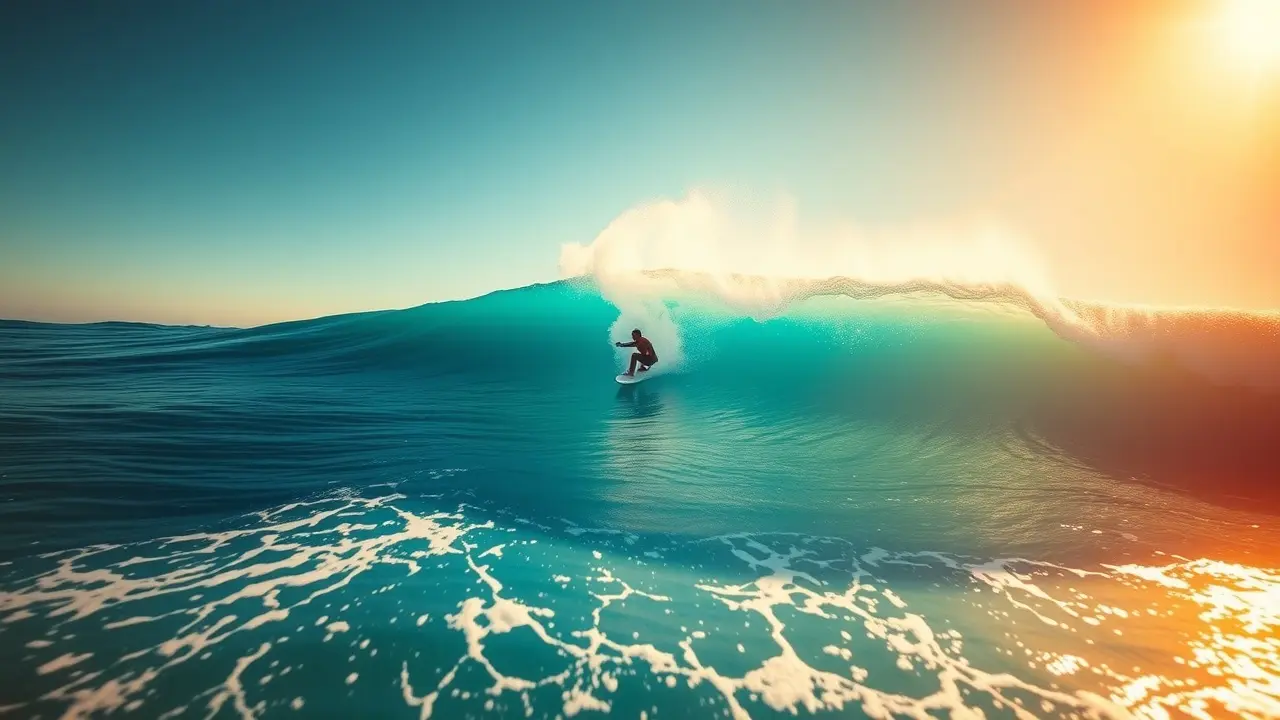 Homem surfando onda ao nascer do sol