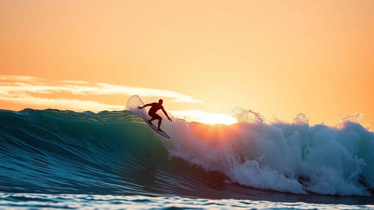 Surfista pegando onda ao pôr do sol