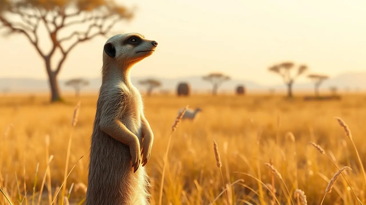 Suricate vigilante na savana africana.