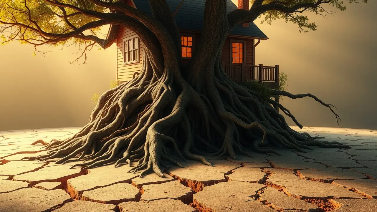 Raízes sustentando uma casa com base rachada