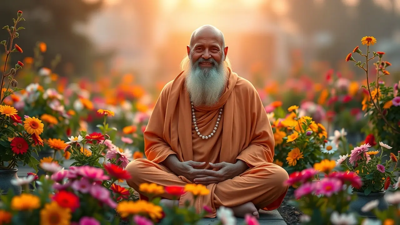 Swami sorrindo em jardim ao amanhecer