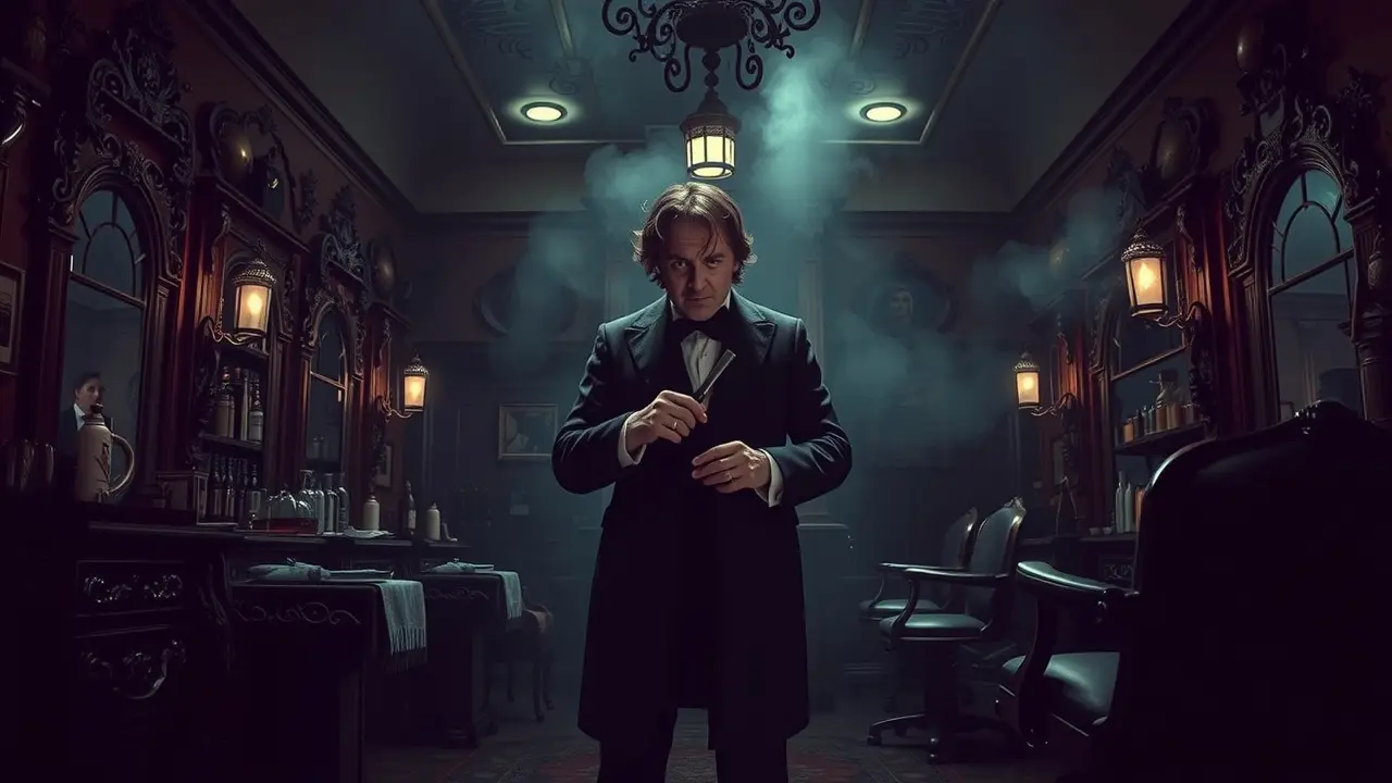 Sonhar com Sweeney Todd: Desvende os Significados Ocultos Barbearia sombria com Sweeney Todd segurando navalha
