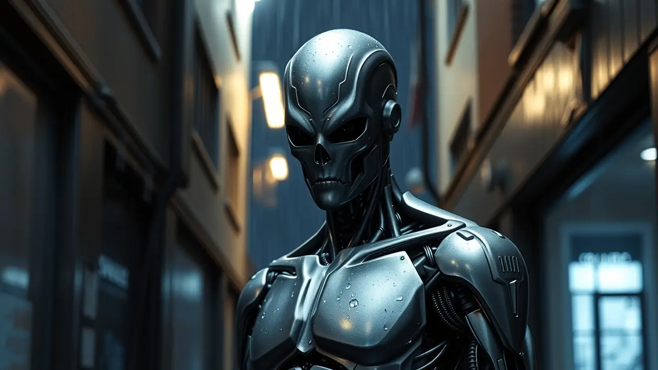 Sonhar com T-1000: Desvende os Significados Ocultos T-1000 de metal líquido em beco escuro