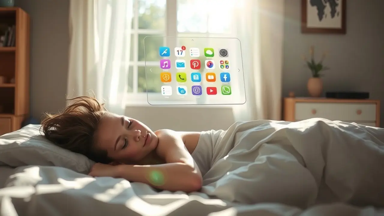 Mulher dormindo sonhando com tablet.