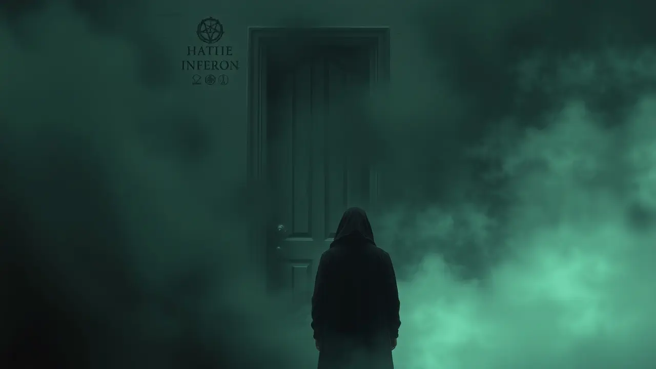 Sonhar com Tabu: Desvende os Significados Ocultos Figura velada diante de porta com símbolos, representando sonhos com tabu.