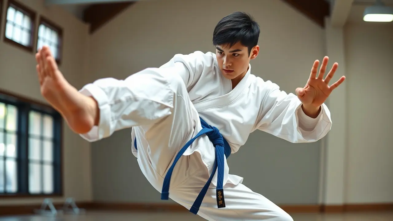 Pessoa praticando chute lateral de Taekwondo.