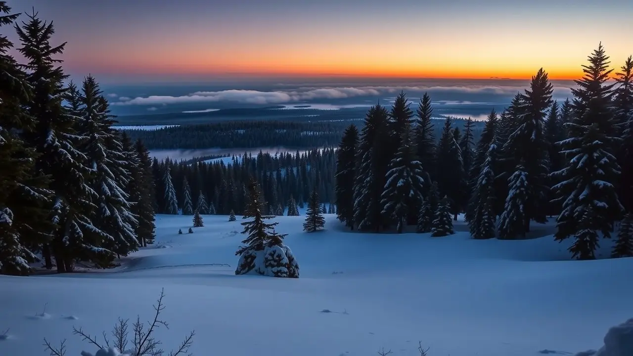Sonhar com Taiga: Desvende os Mistérios Deste Bioma em Seus Sonhos Paisagem de taiga coberta de neve ao entardecer.