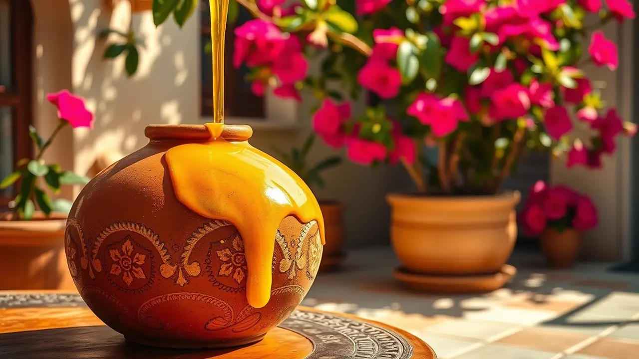 Talha de barro transbordando abundância.