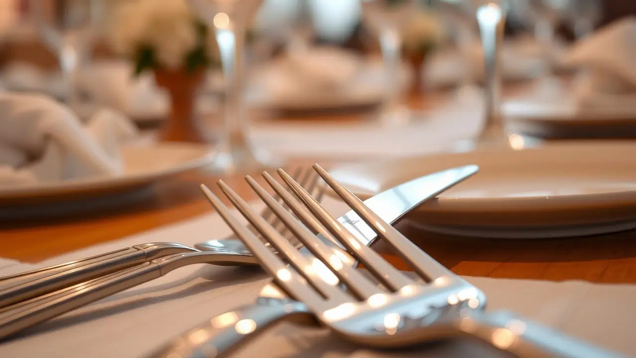 Reflexo e detalhes de talheres em mesa posta