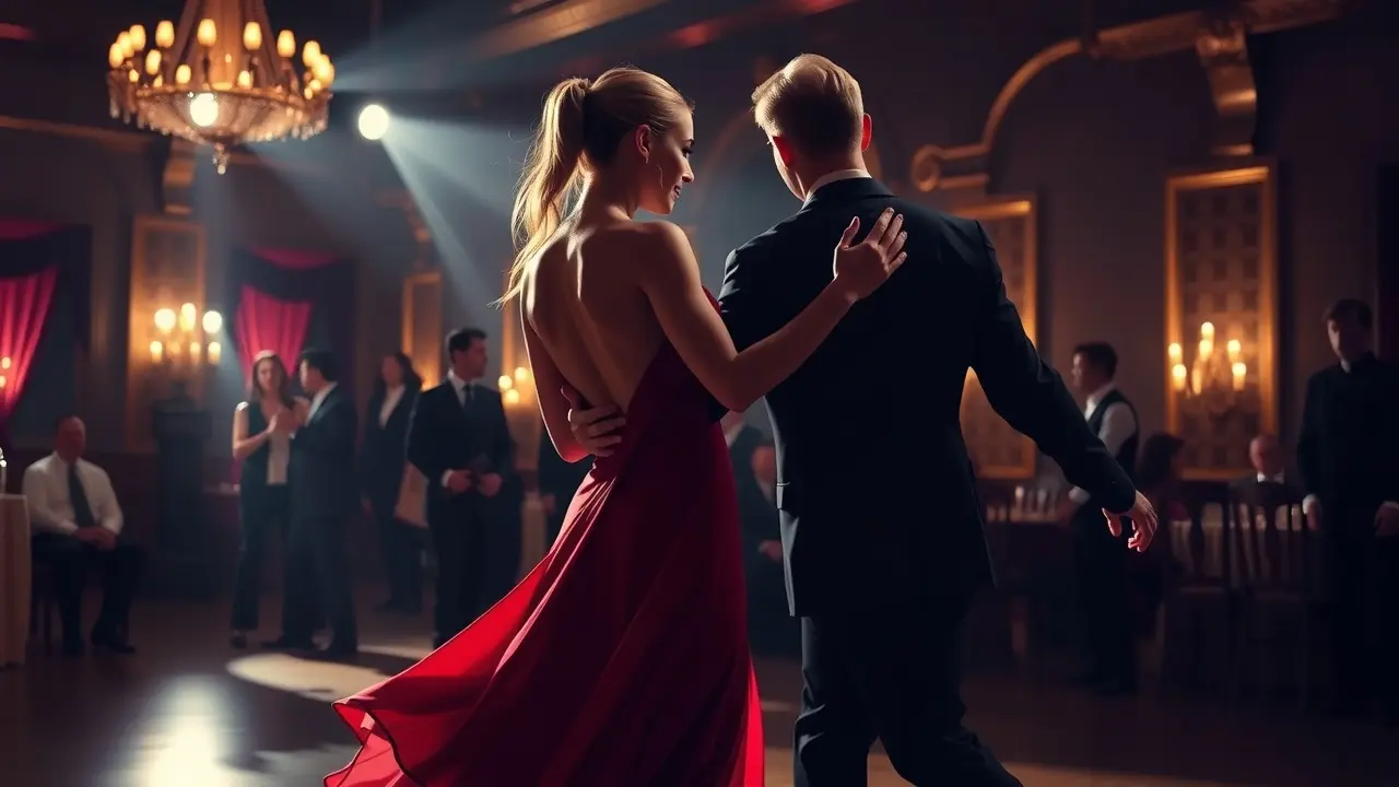 Casal dançando tango apaixonadamente em salão escuro.