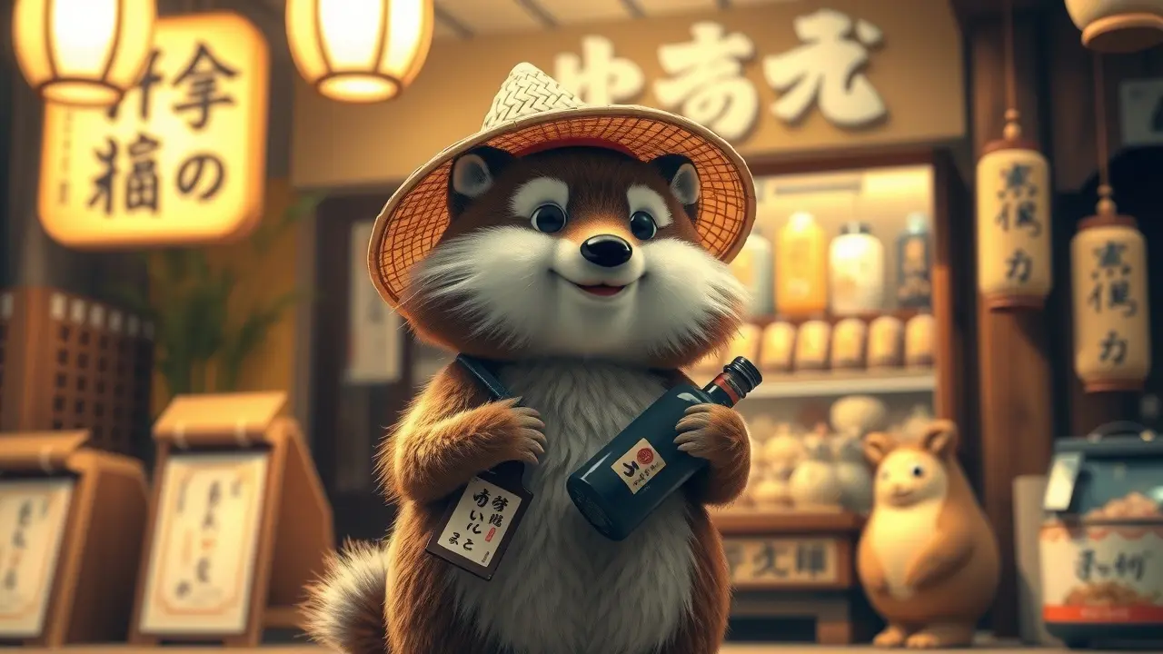 Significado de Sonhar com Tanuki: Interpretações e Simbolismo Tanuki sorrindo com chapéu e garrafa de saquê.
