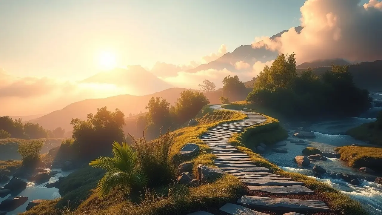 Significado de Sonhar com Tao: Desvende os Mistérios Oníricos Caminho iluminado em paisagem serena representando o Tao.