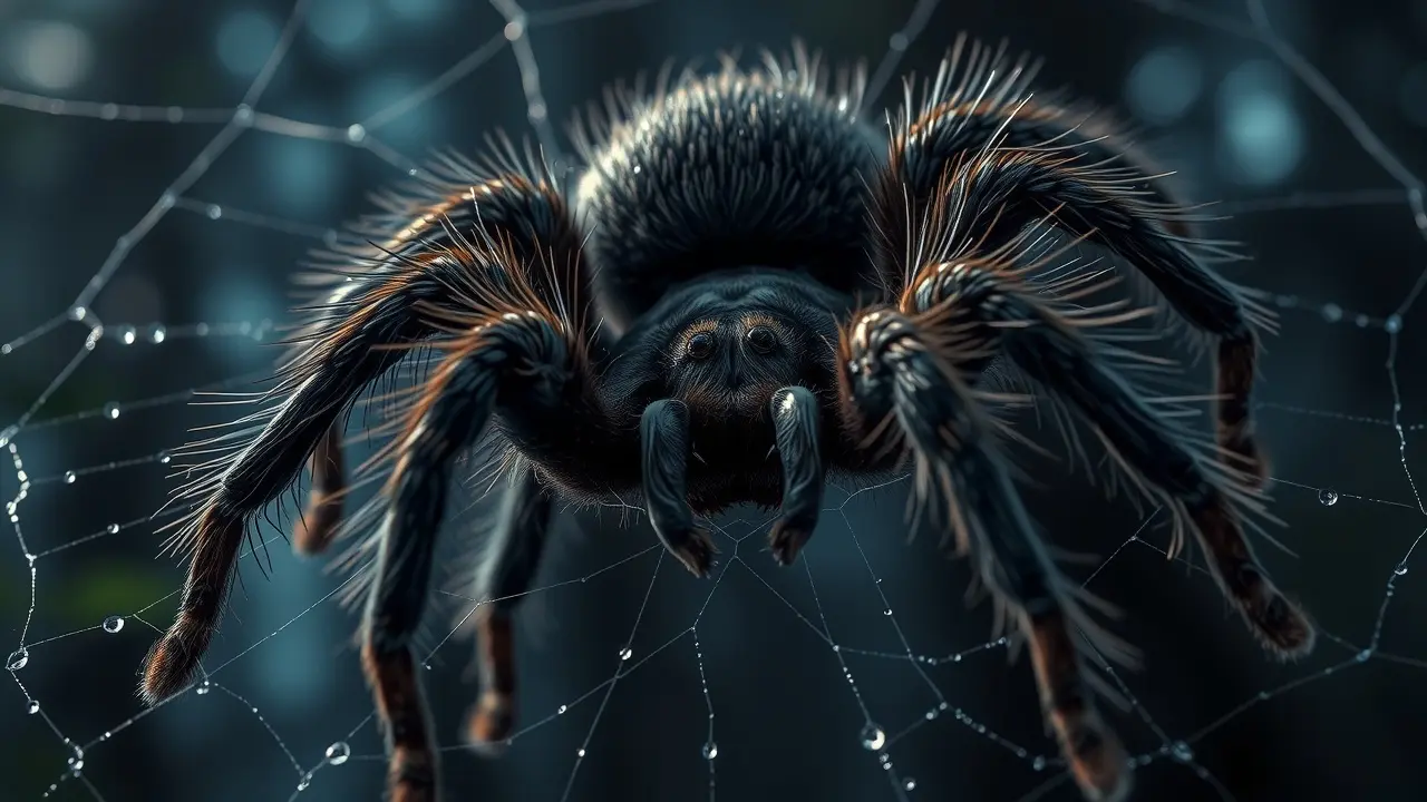 Tarântula em teia brilhante sob a luz da lua.