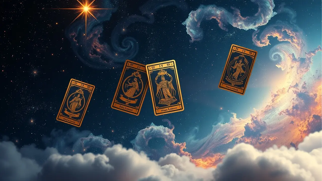 Significado de Sonhar com Tarô: Desvende os Mistérios! Cartas de tarô flutuando em galáxia onírica.