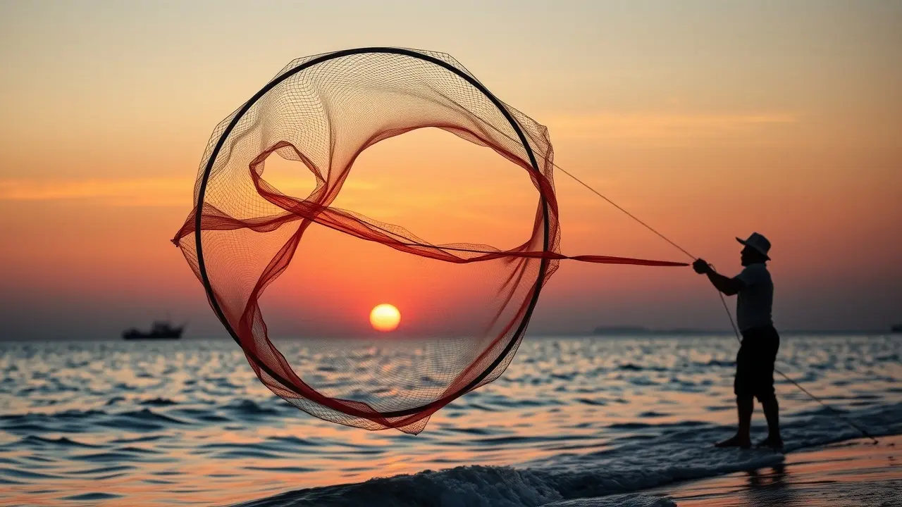 Tarrafa sendo lançada ao mar ao amanhecer