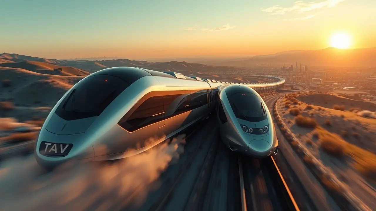 Trem de alta velocidade em paisagem futurista