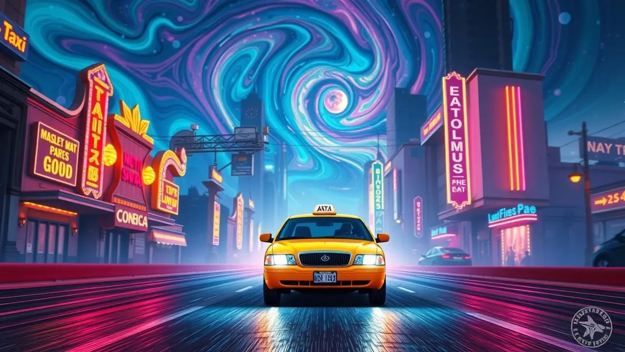 Táxi em cena noturna onírica.