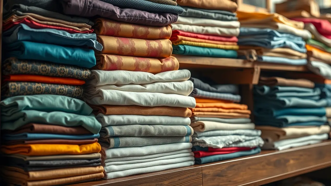 Significado de Sonhar com Tecido: Descubra as Mensagens Ocultas! Tecidos coloridos dobrados em prateleira de madeira