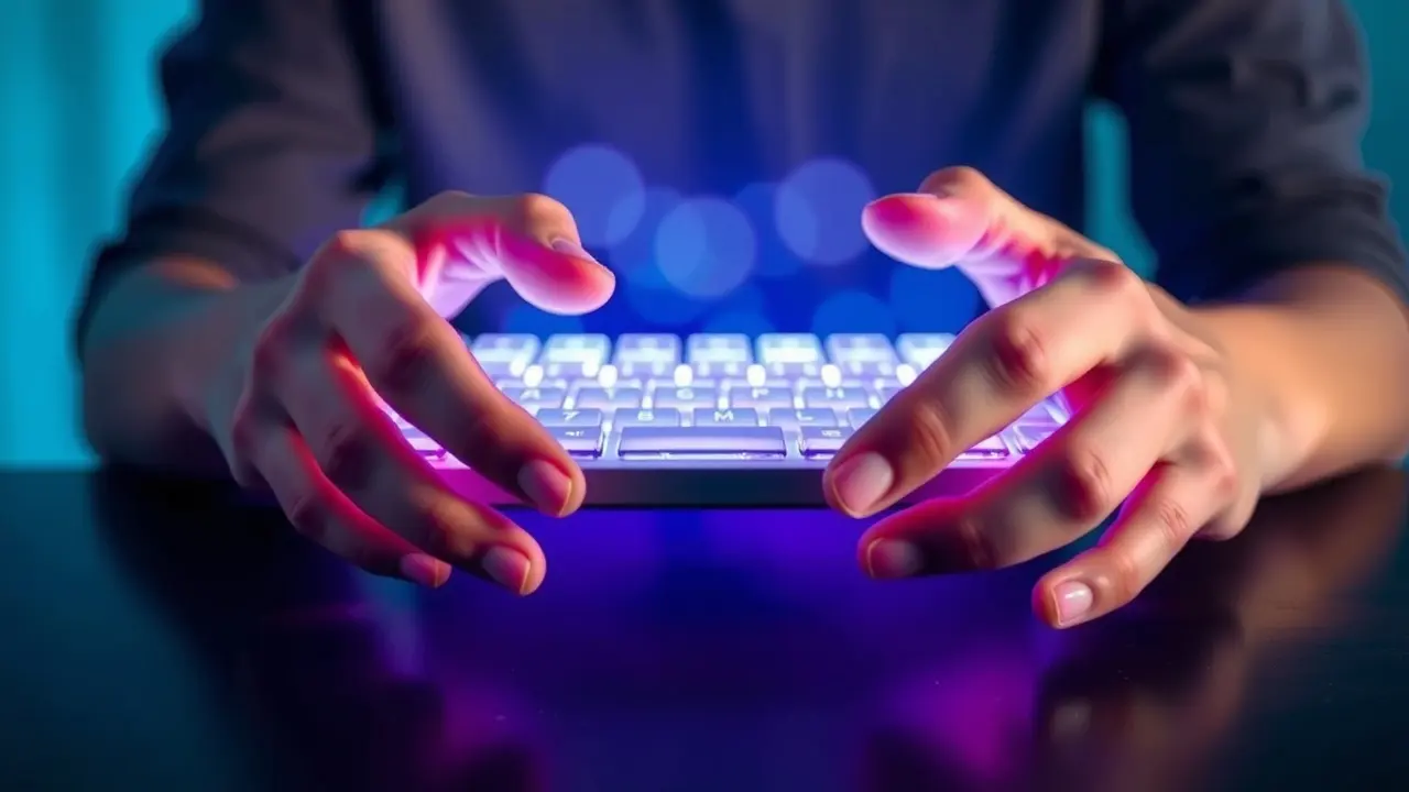 Mãos sobre um teclado brilhante em sonho.