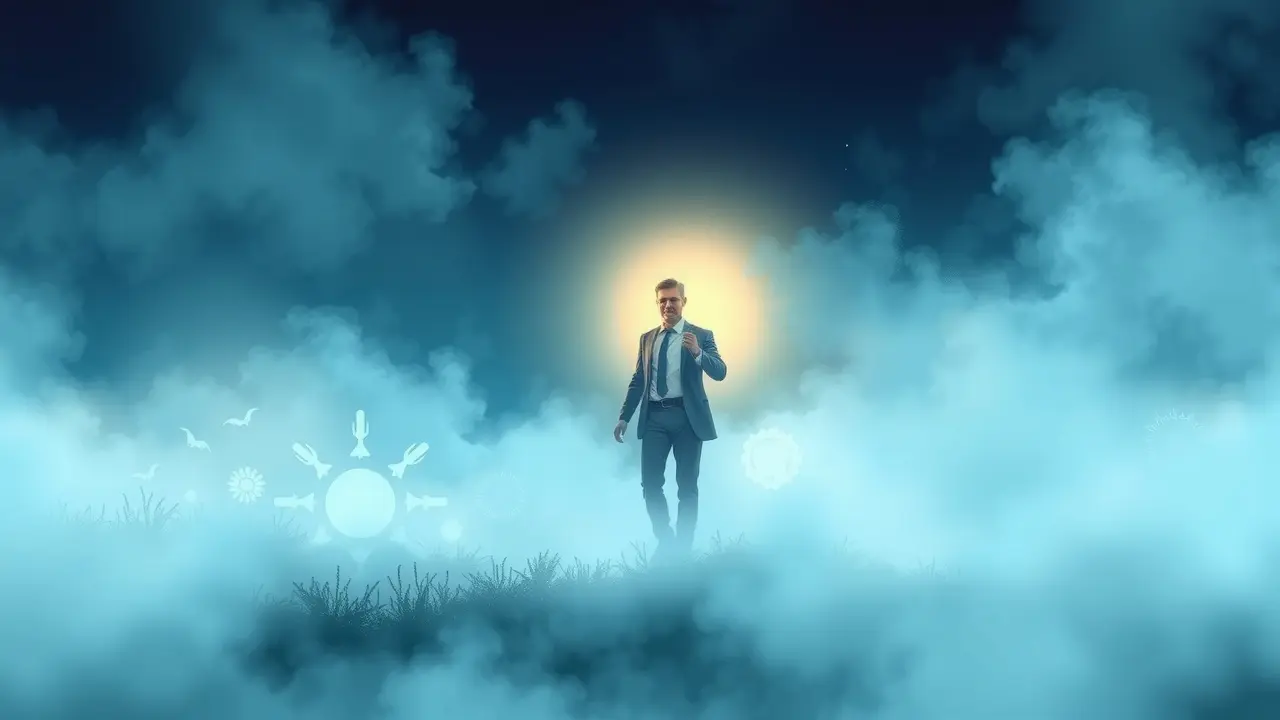 Sonhar com Técnico: Descubra o Significado e as Interpretações Sonho com técnico: figura guiando em paisagem nebulosa.