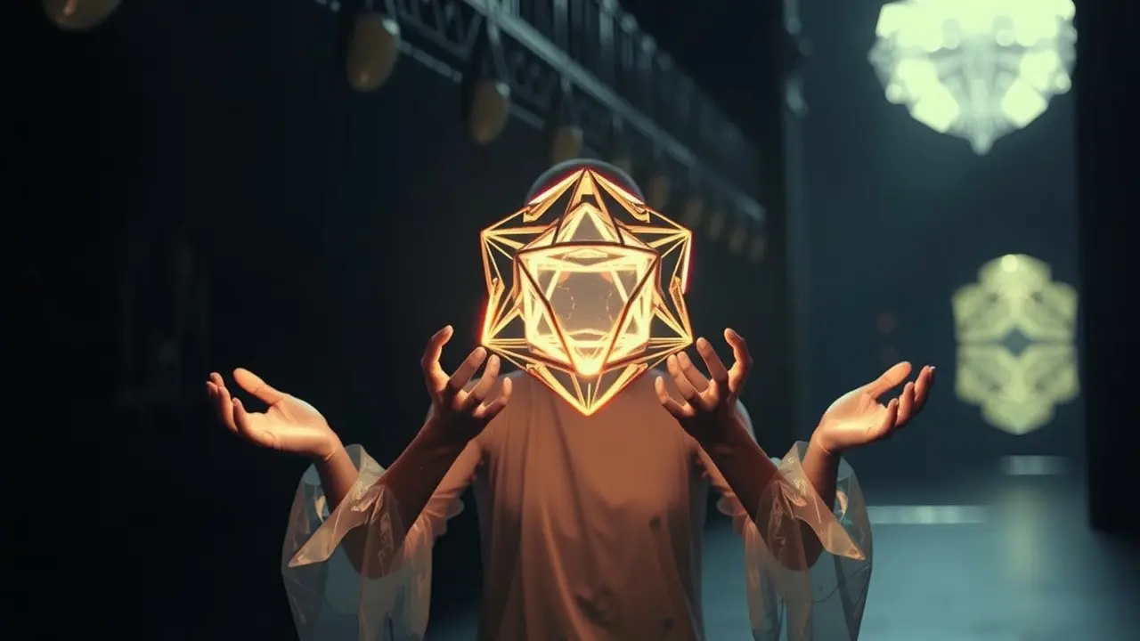 Mulher usando telecinese para levitar um objeto geométrico.