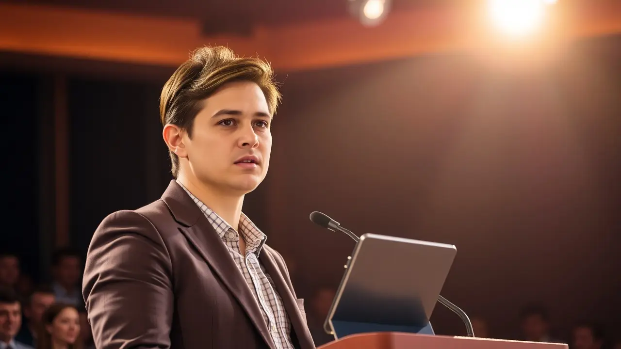 Pessoa no palco com teleprompter