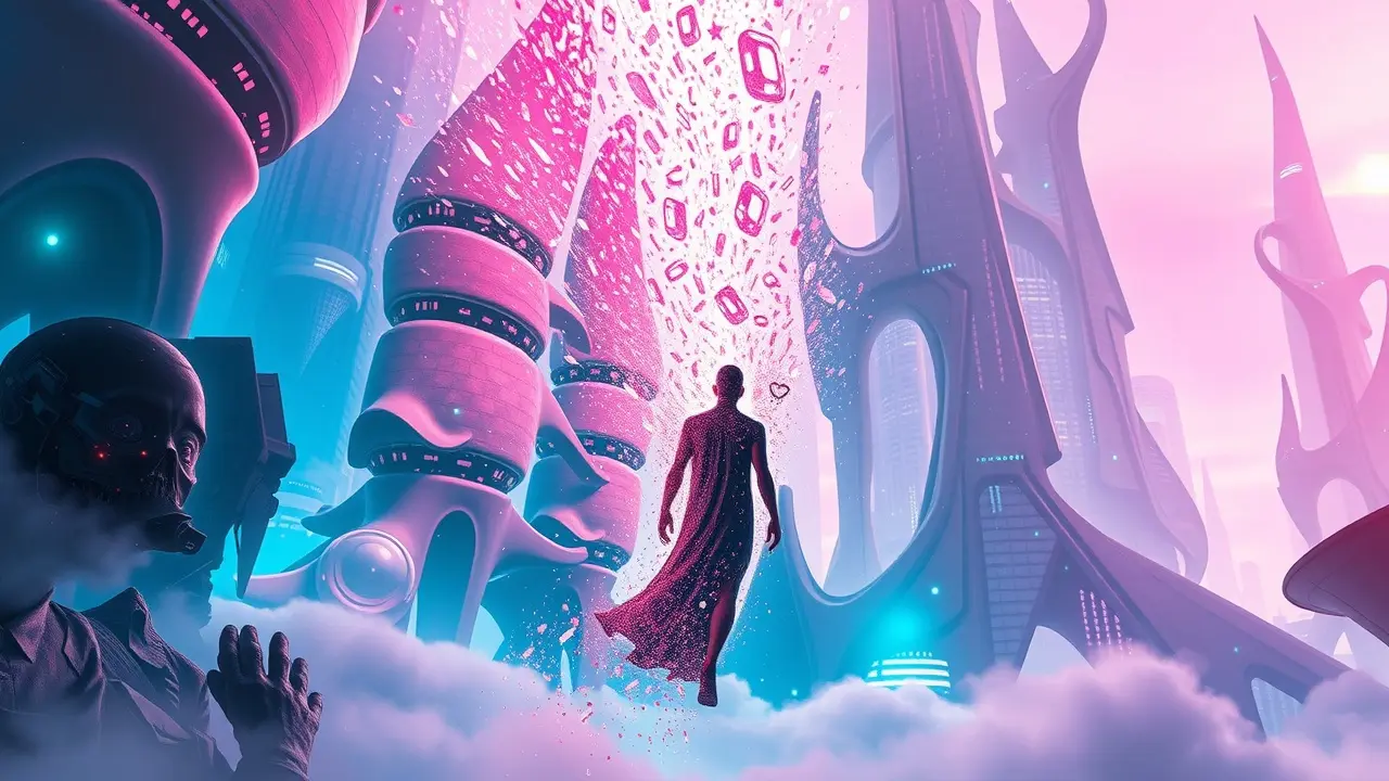 Pessoa se teletransportando para cidade futurista