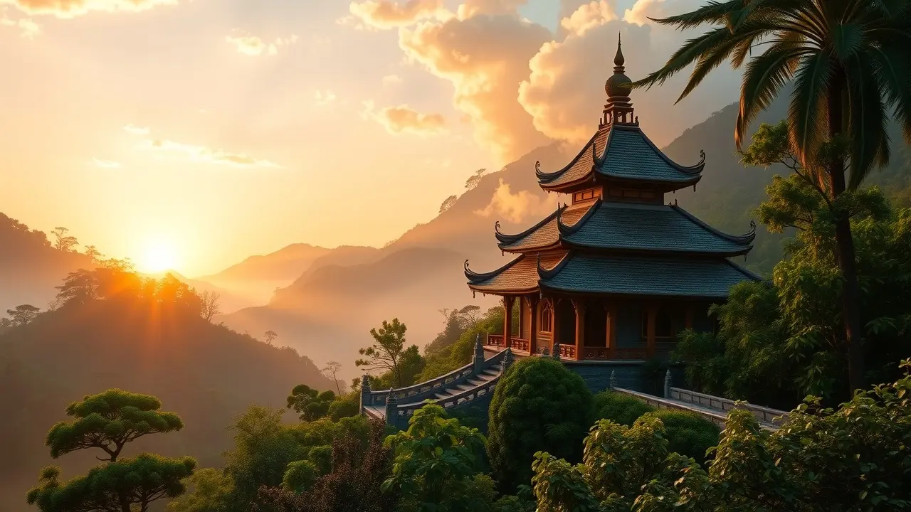 Templo budista ao amanhecer, paisagem serena.