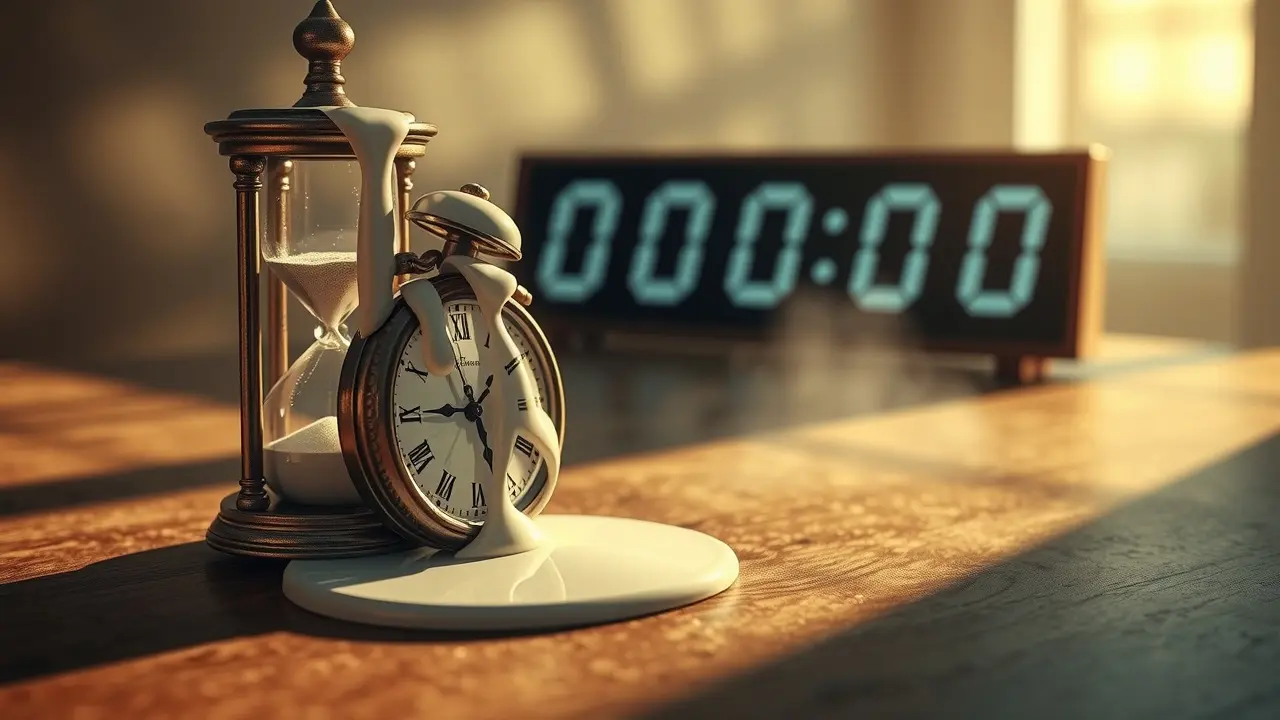 Sonhar com Temporizador: Descubra o Significado Oculto Relógio derretendo sobre ampulheta com timer digital
