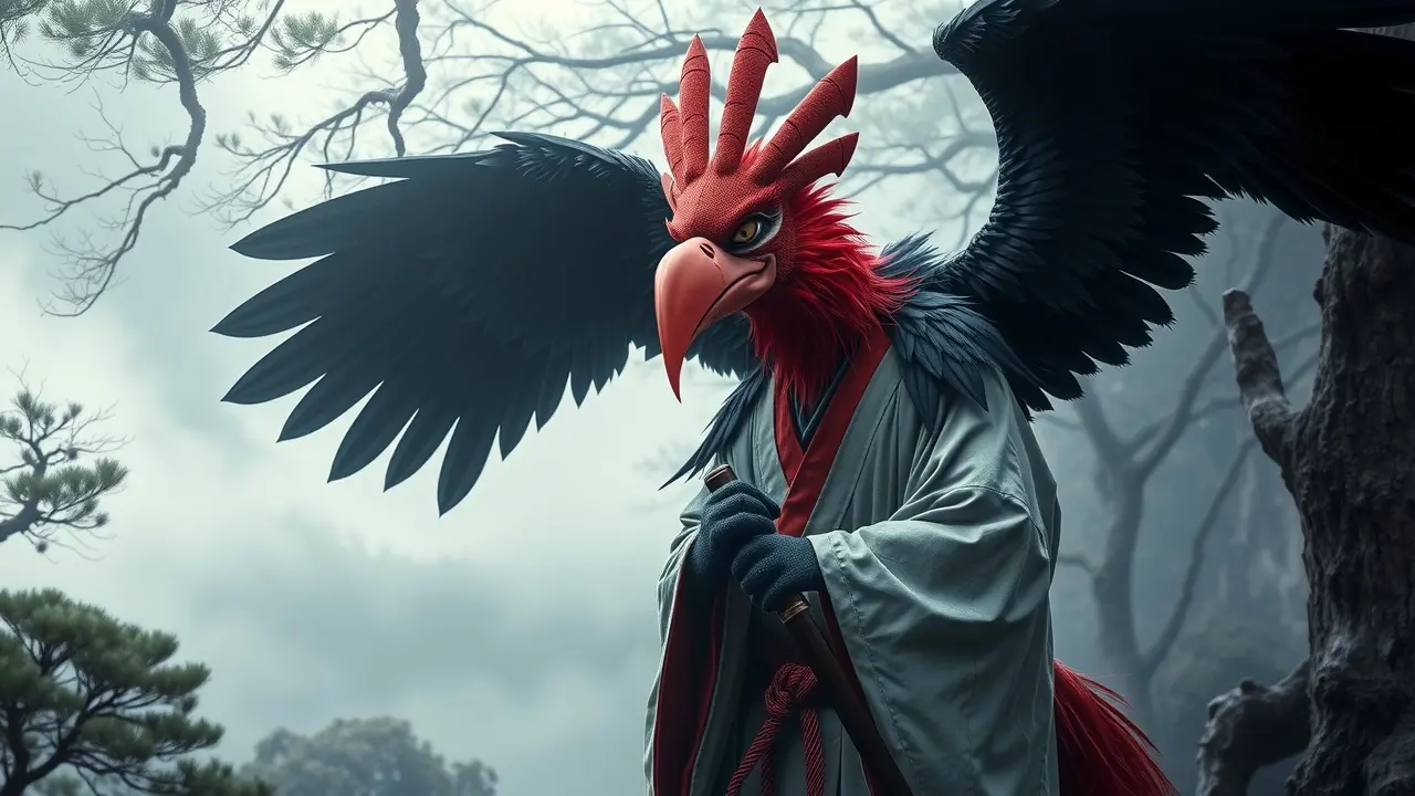 Tengu da mitologia japonesa em meio à floresta