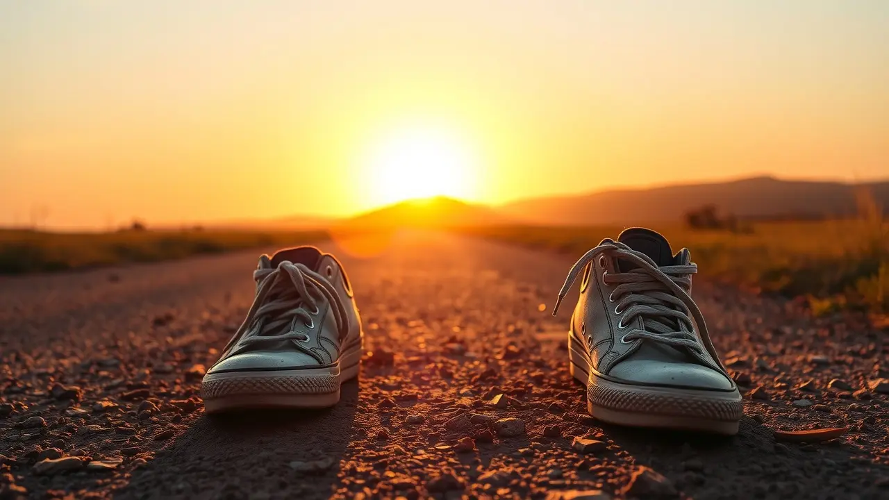 Significado de Sonhar com Tênis: Descubra as Mensagens Ocultas Tênis desgastados ao amanhecer simbolizando jornada e desafios.