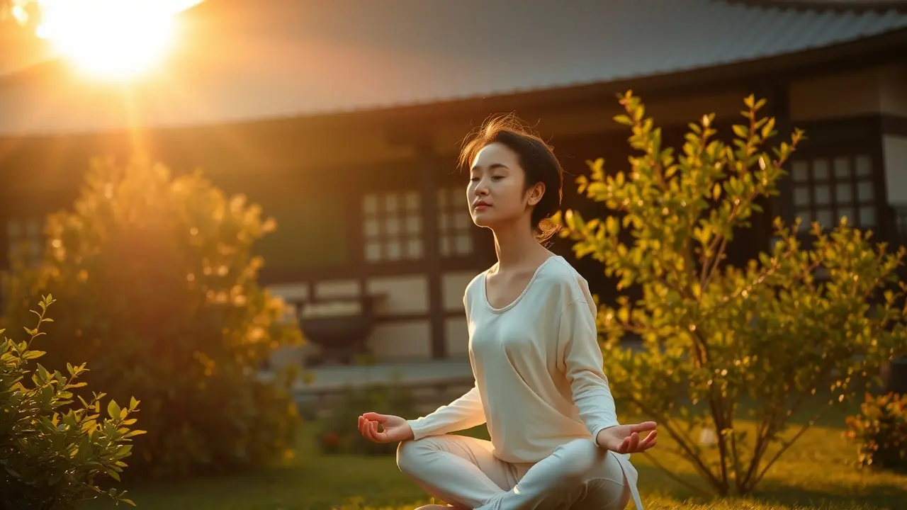 Sonhar com Tenrikyo: Desvende os Significados e Simbolismos Pessoa meditando em jardim com templo ao fundo, simbolizando Tenrikyo