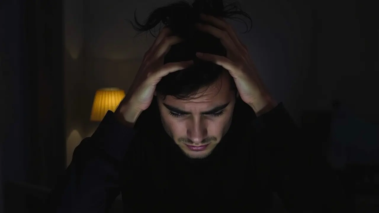 Pessoa demonstrando estresse e preocupação com as mãos na cabeça.