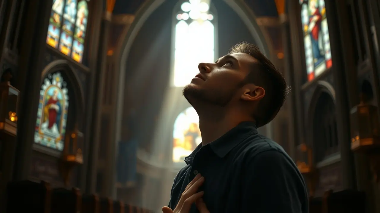 Sonhar com Teodiceia: Desvendando os Mistérios do Sofrimento e da Fé Pessoa orando em catedral escura, luz filtrada por vitrais.