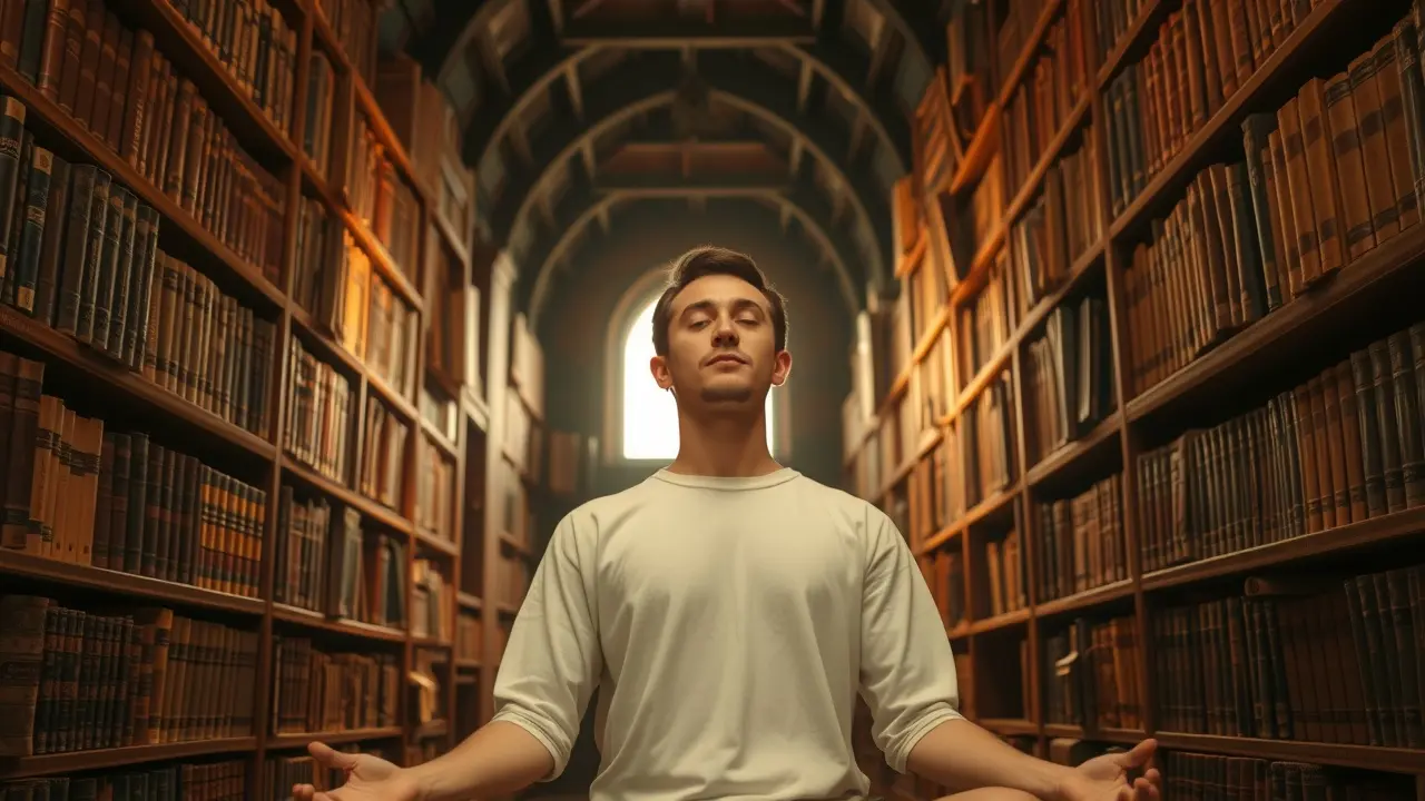 Pessoa meditando em biblioteca de teologia