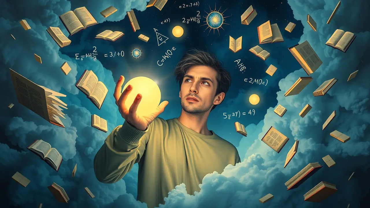 Sonhar com Teorização: Desvende os Significados Ocultos Sonhadora cercada por símbolos de conhecimento.