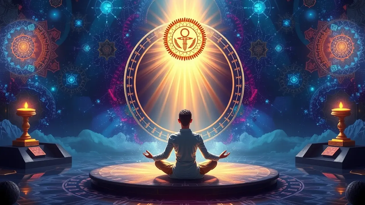 Pessoa meditando cercada por símbolos teosóficos.