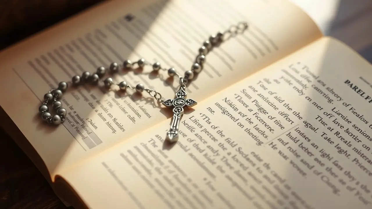 Significado de Sonhar com Terço: Decifre os Sinais Divinos Terço de prata sobre livro antigo