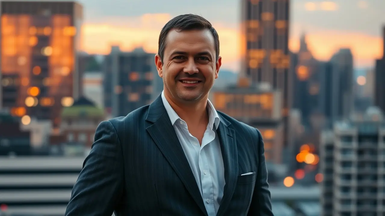 Sonhar com Terno: Descubra os Significados e Interpretações! Homem confiante vestindo terno cinza em cenário urbano.