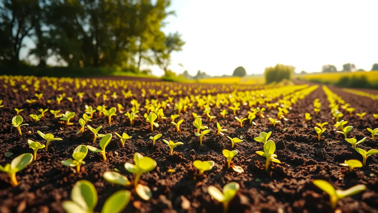 Campo fértil com mudas verdes.
