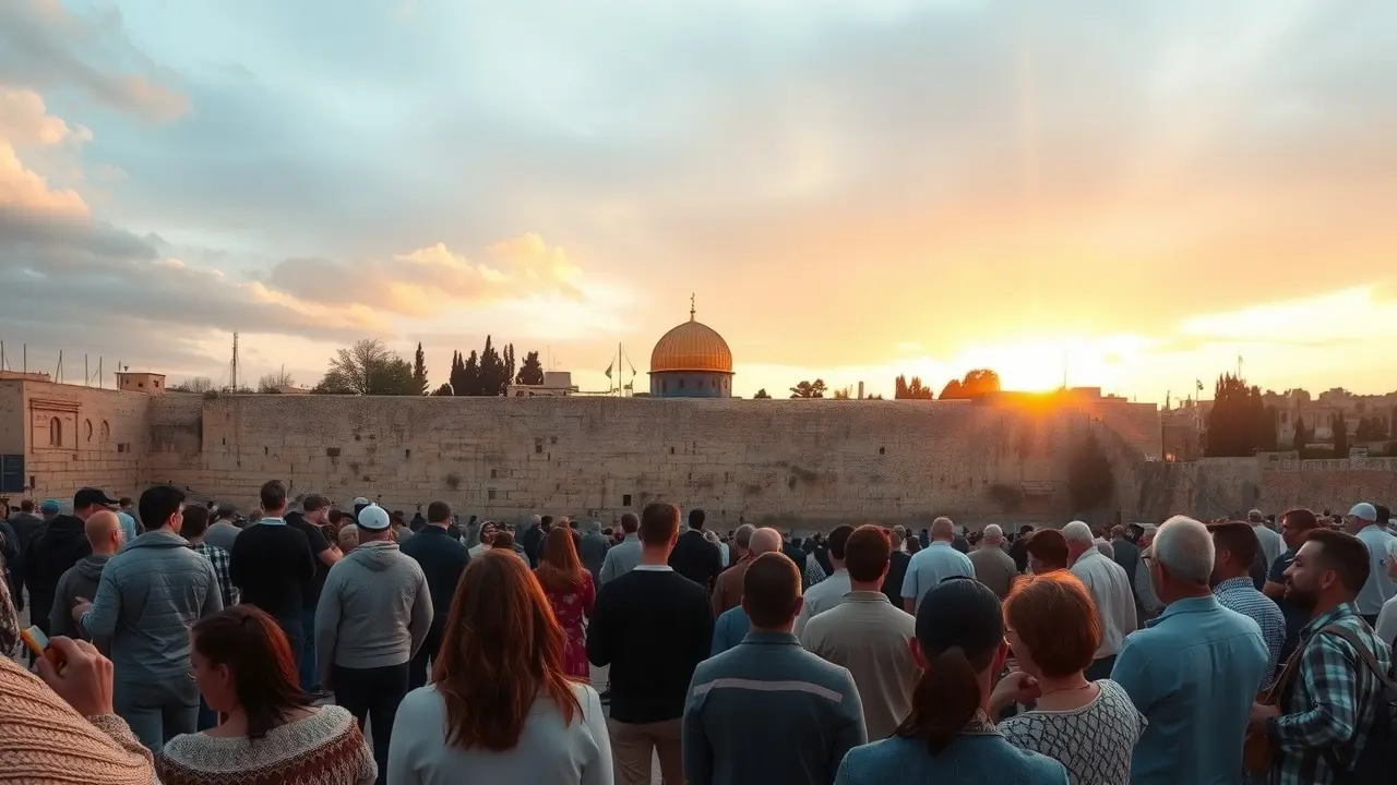 Sonhar com Terra Santa: Desvende os Significados Espirituais Pessoas orando no Muro das Lamentações ao amanhecer.