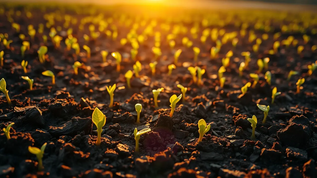 Campo fértil com brotos sob o sol nascente.