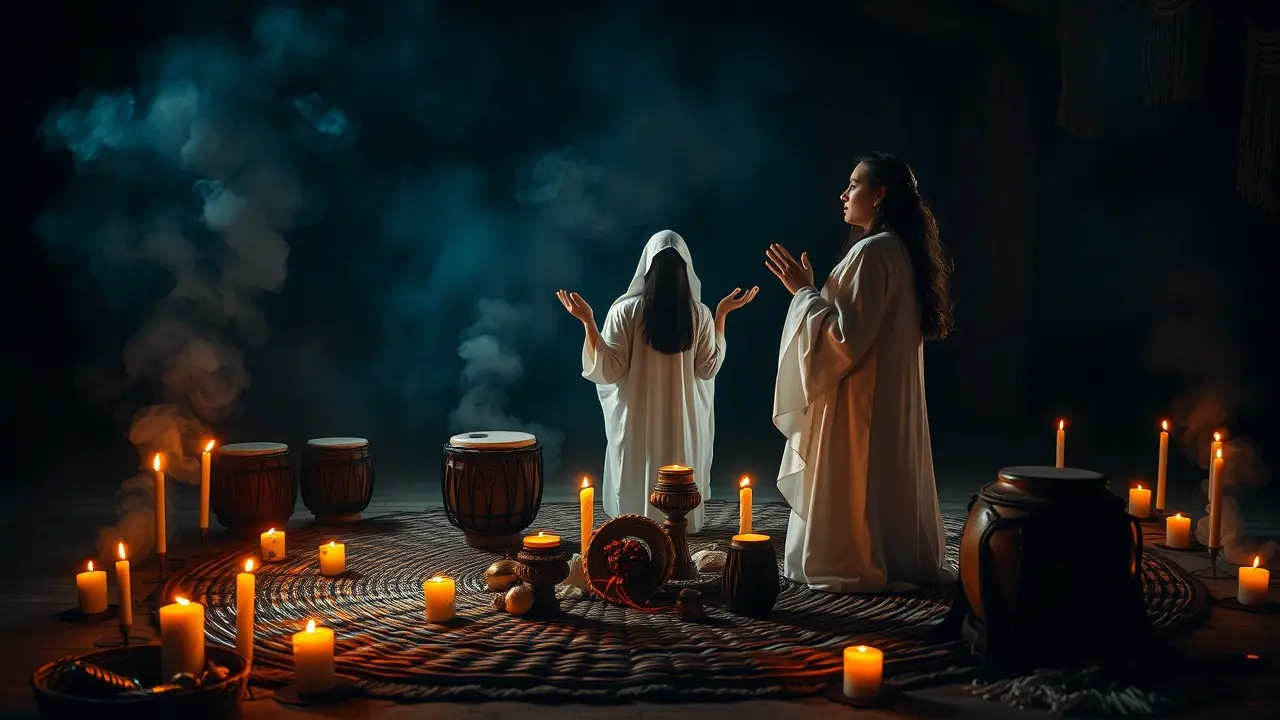 Terreiro iluminado por velas com oferendas e mulher rezando