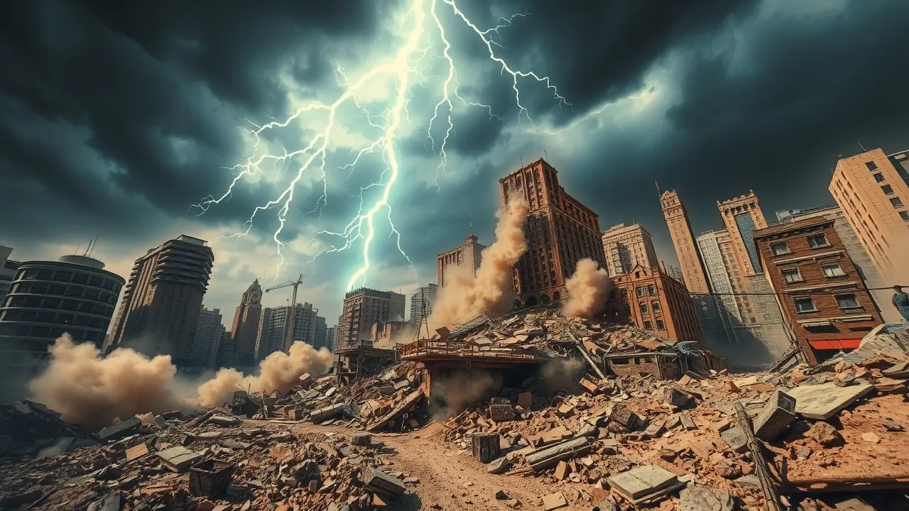 Terremoto devastando cidade