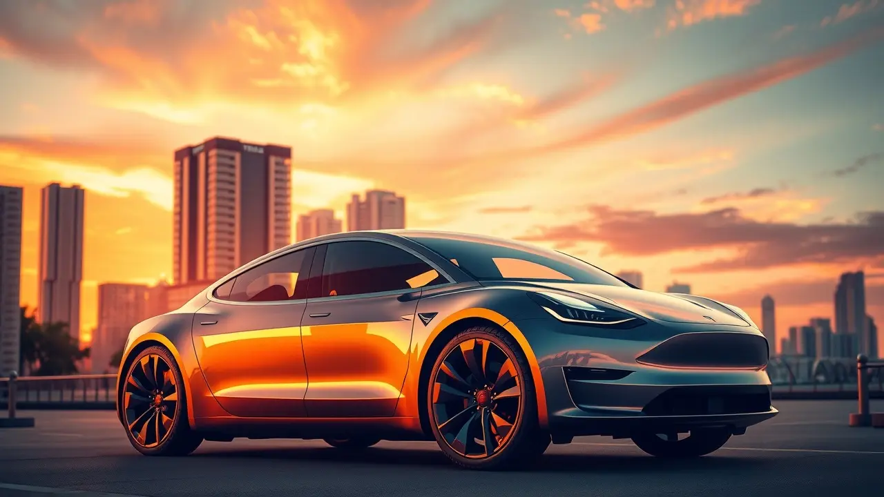 Tesla em cidade futurista ao pôr do sol
